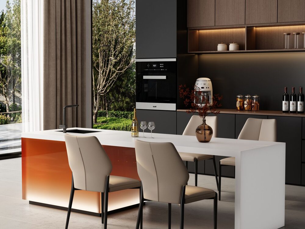 Dining area with dark cabinetry, a pale table and full-height garden windows
